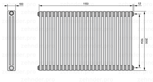 Схема (чертеж) Радиатор Zehnder Charleston 3200/25 №7610 Белый глянцевый RAL 9016